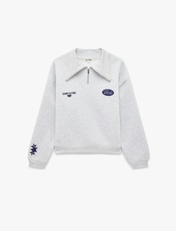 Üç İplik Şardonlu Rahat Kalıp Yarım Fermuarlı Uzun Kollu Baskılı Sweatshirt