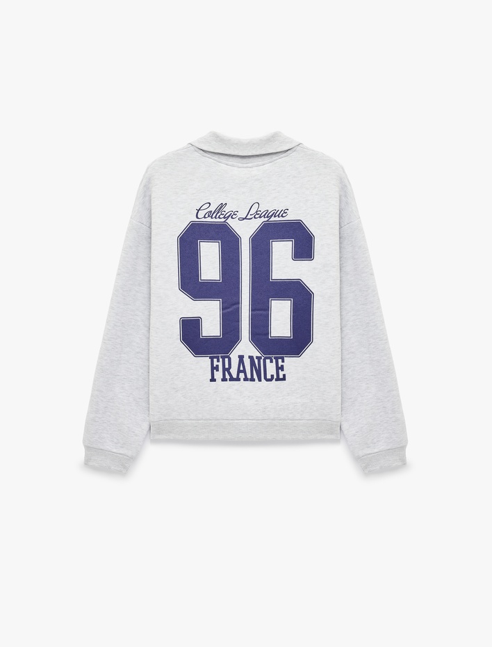  Üç İplik Şardonlu Rahat Kalıp Yarım Fermuarlı Uzun Kollu Baskılı Sweatshirt