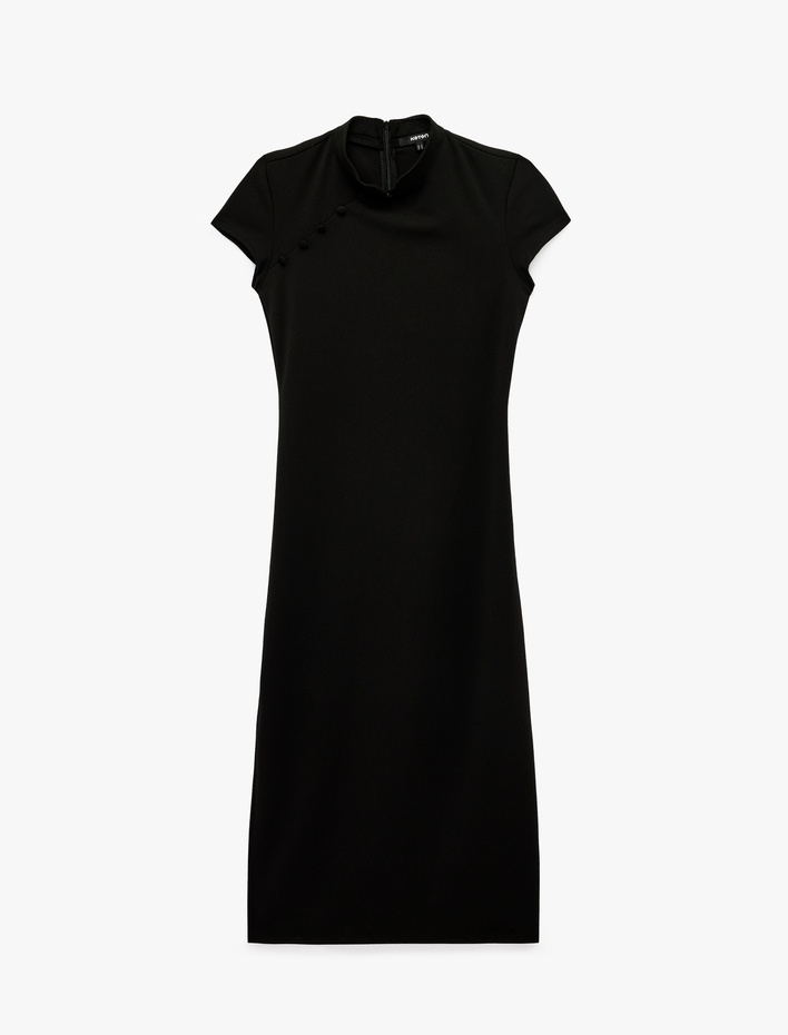  Krep Kumaş Mandarin Qipao Yaka Kısa Kollu Düğmeli Bodycon Midi Elbise