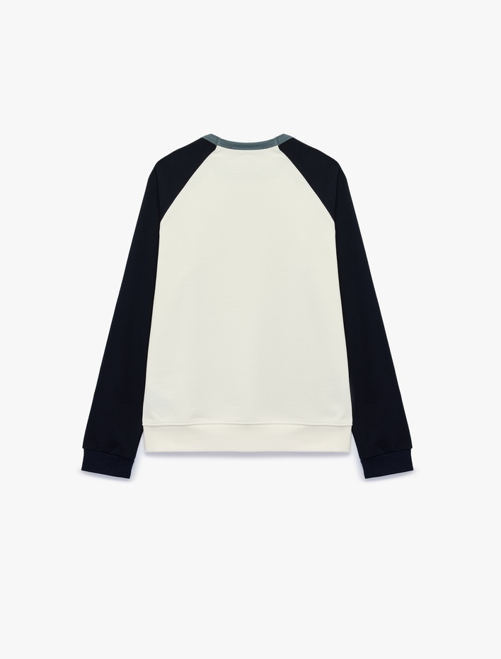  Pamuklu Şardonlu Renk Kontrastlı Bisiklet Yaka Uzun Reglan Kollu Sweatshirt