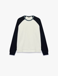 Pamuklu Şardonlu Renk Kontrastlı Bisiklet Yaka Uzun Reglan Kollu Sweatshirt