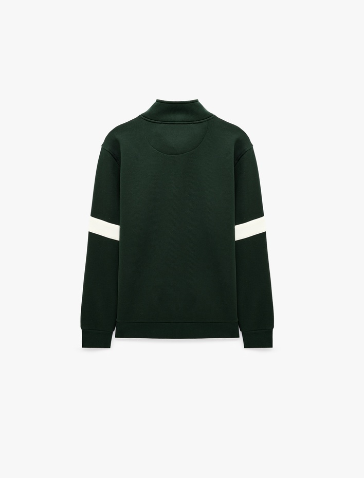  Şardonlu Uzun Kollu Kolej Nakışlı Renk Kontrastlı Yarım Fermuarlı Sweatshirt