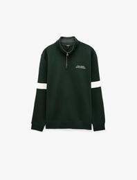 Şardonlu Uzun Kollu Kolej Nakışlı Renk Kontrastlı Yarım Fermuarlı Sweatshirt