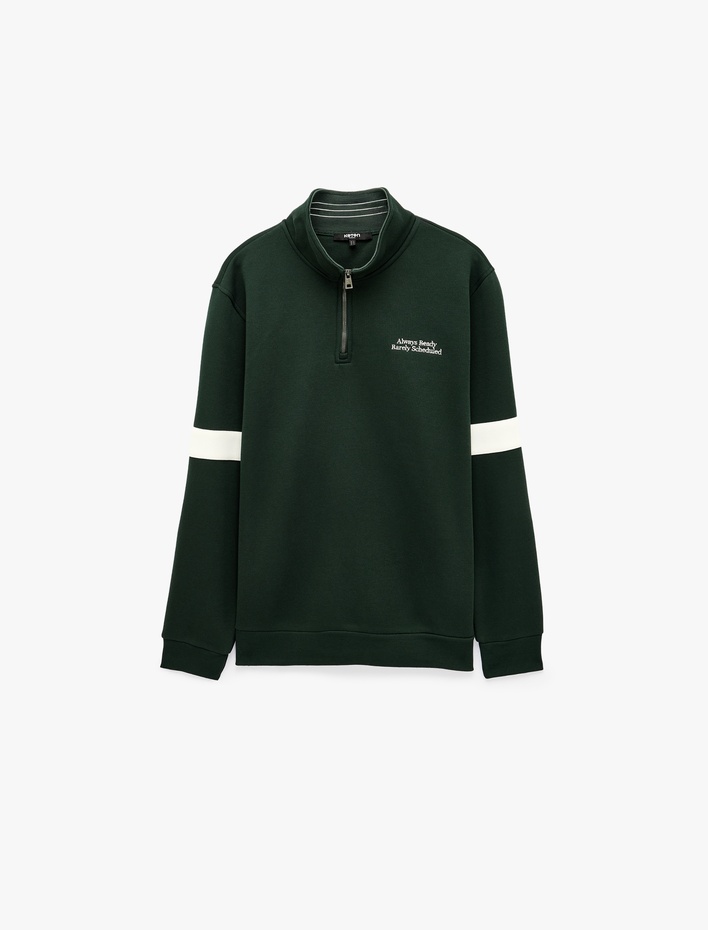  Şardonlu Uzun Kollu Kolej Nakışlı Renk Kontrastlı Yarım Fermuarlı Sweatshirt