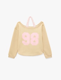 Şardonlu Rahat Kalıp Kayık Yaka Uzun Kollu Katmanlı Baskılı Sweatshirt