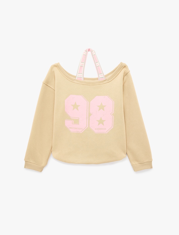 Şardonlu Rahat Kalıp Kayık Yaka Uzun Kollu Katmanlı Baskılı Sweatshirt