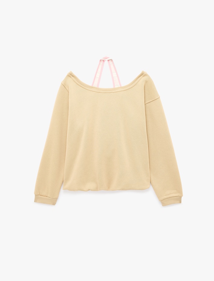  Şardonlu Rahat Kalıp Kayık Yaka Uzun Kollu Katmanlı Baskılı Sweatshirt
