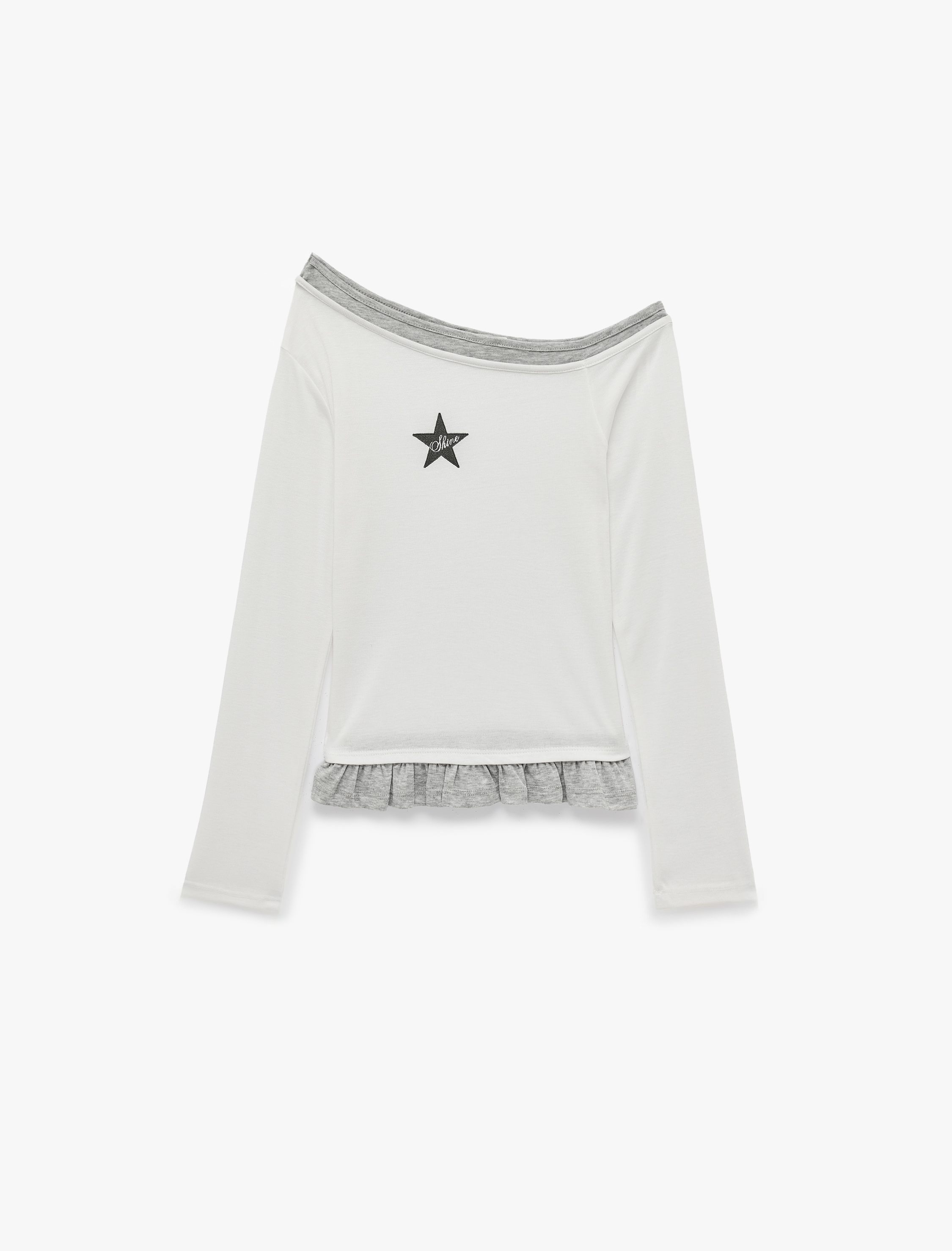 Koton Slim Fit Nakışlı Asimetrik Yaka Katmanlı Fırfırlı Uzun Kollu Kaşkorse Tişört