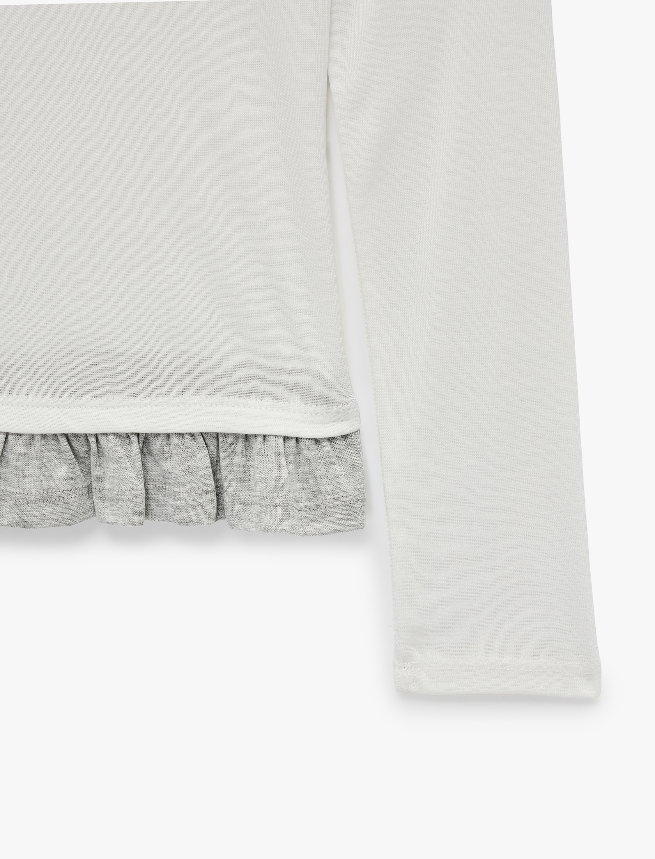 Koton Slim Fit Nakışlı Asimetrik Yaka Katmanlı Fırfırlı Uzun Kollu Kaşkorse Tişört görsel 3