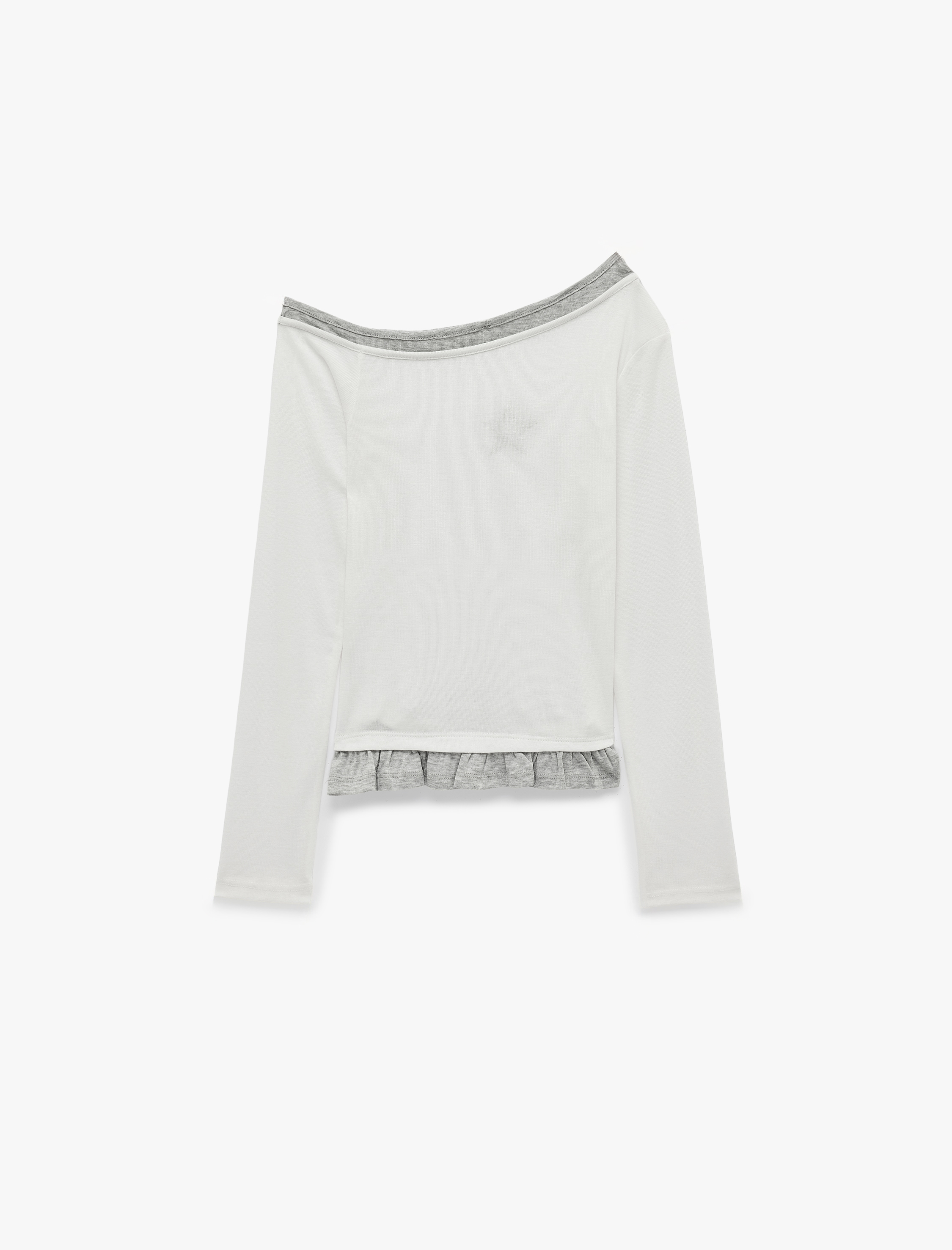 Koton Slim Fit Nakışlı Asimetrik Yaka Katmanlı Fırfırlı Uzun Kollu Kaşkorse Tişört görsel 2