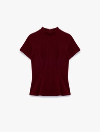 Slim Fit Dokulu Dik Yaka Kısa Kollu Peplum Bluz