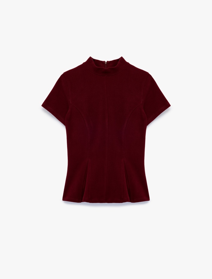  Slim Fit Dokulu Dik Yaka Kısa Kollu Peplum Bluz