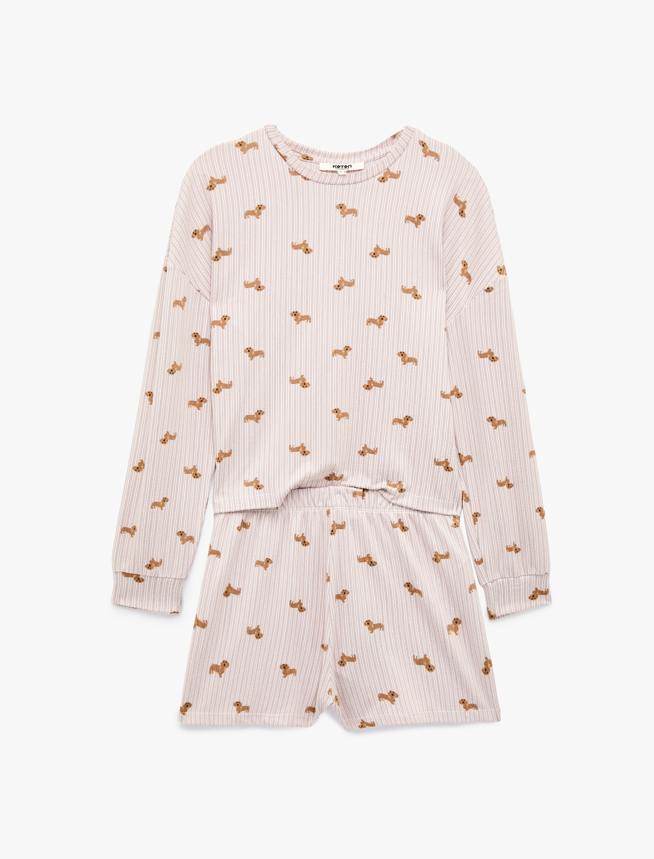 Koton Köpek Baskılı Rahat Kesim Uzun Kollu Şortlu Çizgili Pijama Takımı görsel 2