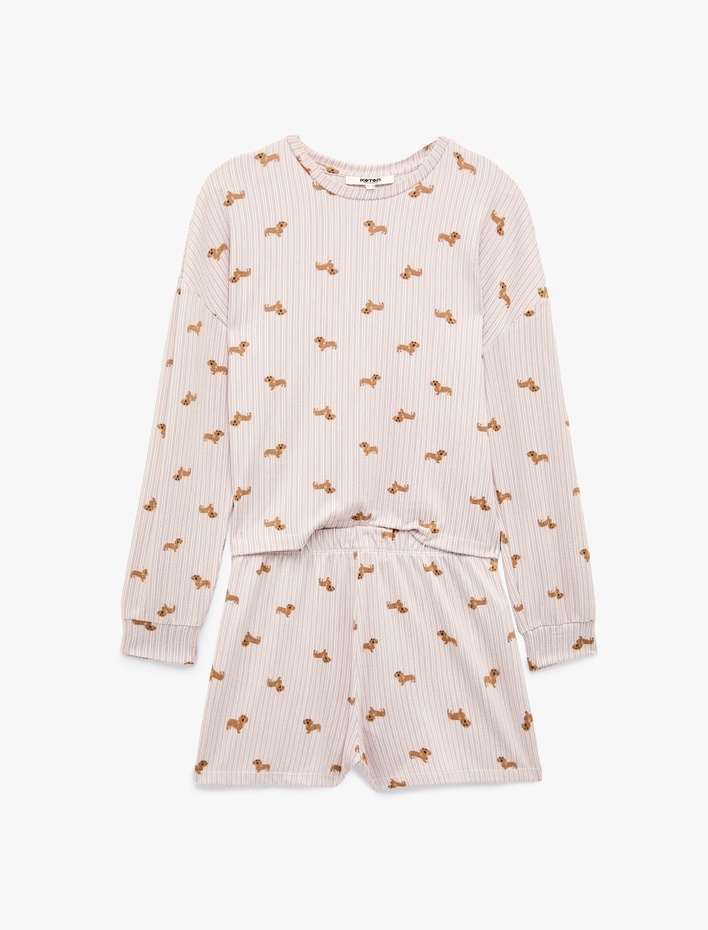  Köpek Baskılı Rahat Kesim Uzun Kollu Şortlu Çizgili Pijama Takımı