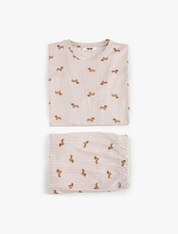 Köpek Baskılı Rahat Kesim Uzun Kollu Şortlu Çizgili Pijama Takımı