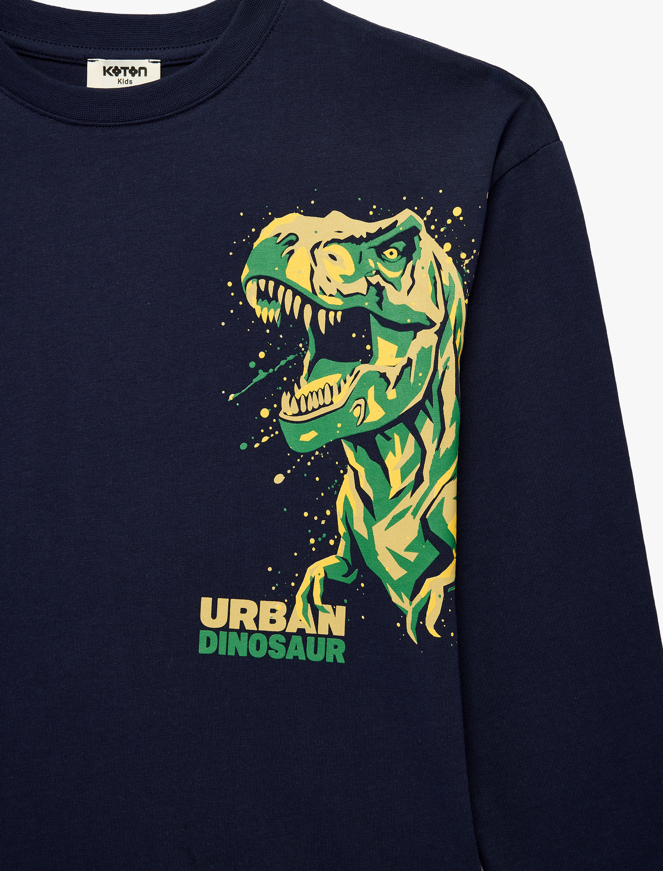 Erkek Çocuk Dinozor Baskılı Bisiklet Yaka Uzun Kollu Pamuklu Tişört