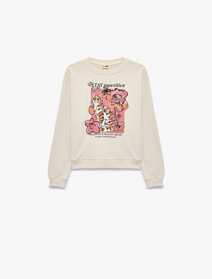 Kız Çocuk Kedi Baskılı Pamuklu Uzun Kollu Bisiklet Yaka Pullu Payetli Sweatshirt
