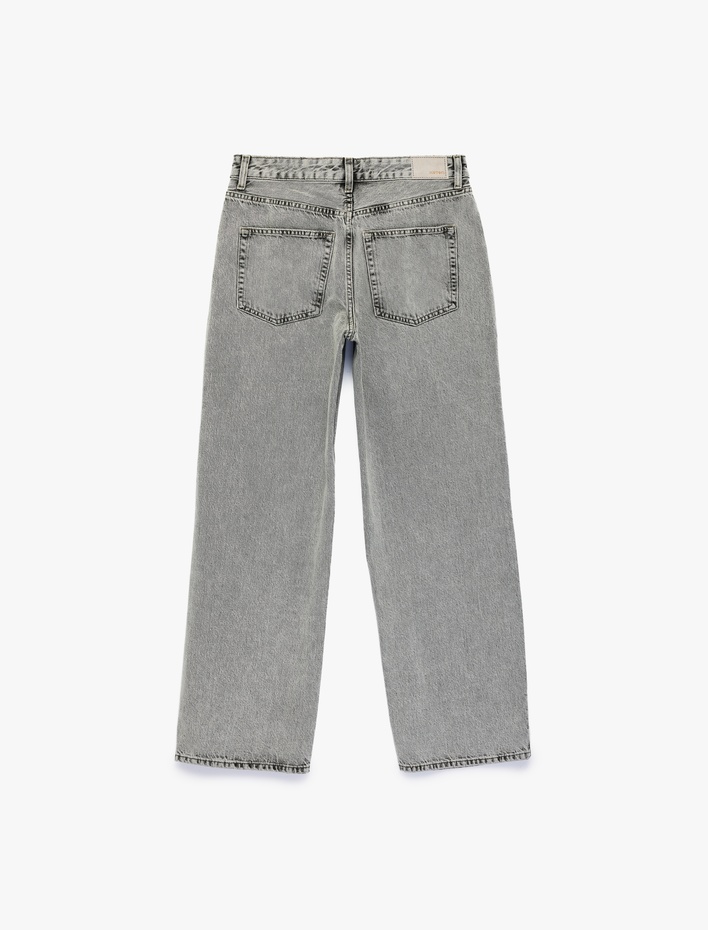  Düğmeli Yıkamalı Cepli Normal Bel Pamuklu Baggy Denim Pantolon - Baggy Jeans