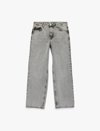Düğmeli Yıkamalı Cepli Normal Bel Pamuklu Baggy Denim Pantolon - Baggy Jeans