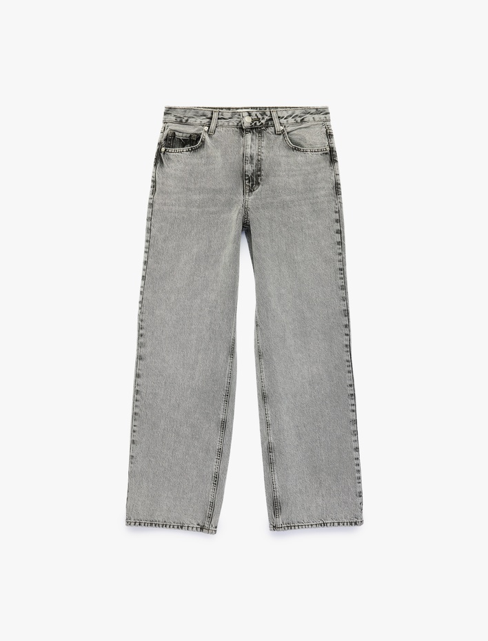 Düğmeli Yıkamalı Cepli Normal Bel Pamuklu Baggy Denim Pantolon - Baggy Jeans