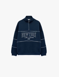 Üç İplik Şardonlu Baskılı Yarım Fermuarlı Oversize Sweatshirt