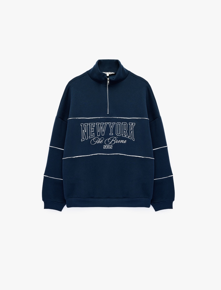  Üç İplik Şardonlu Baskılı Yarım Fermuarlı Oversize Sweatshirt