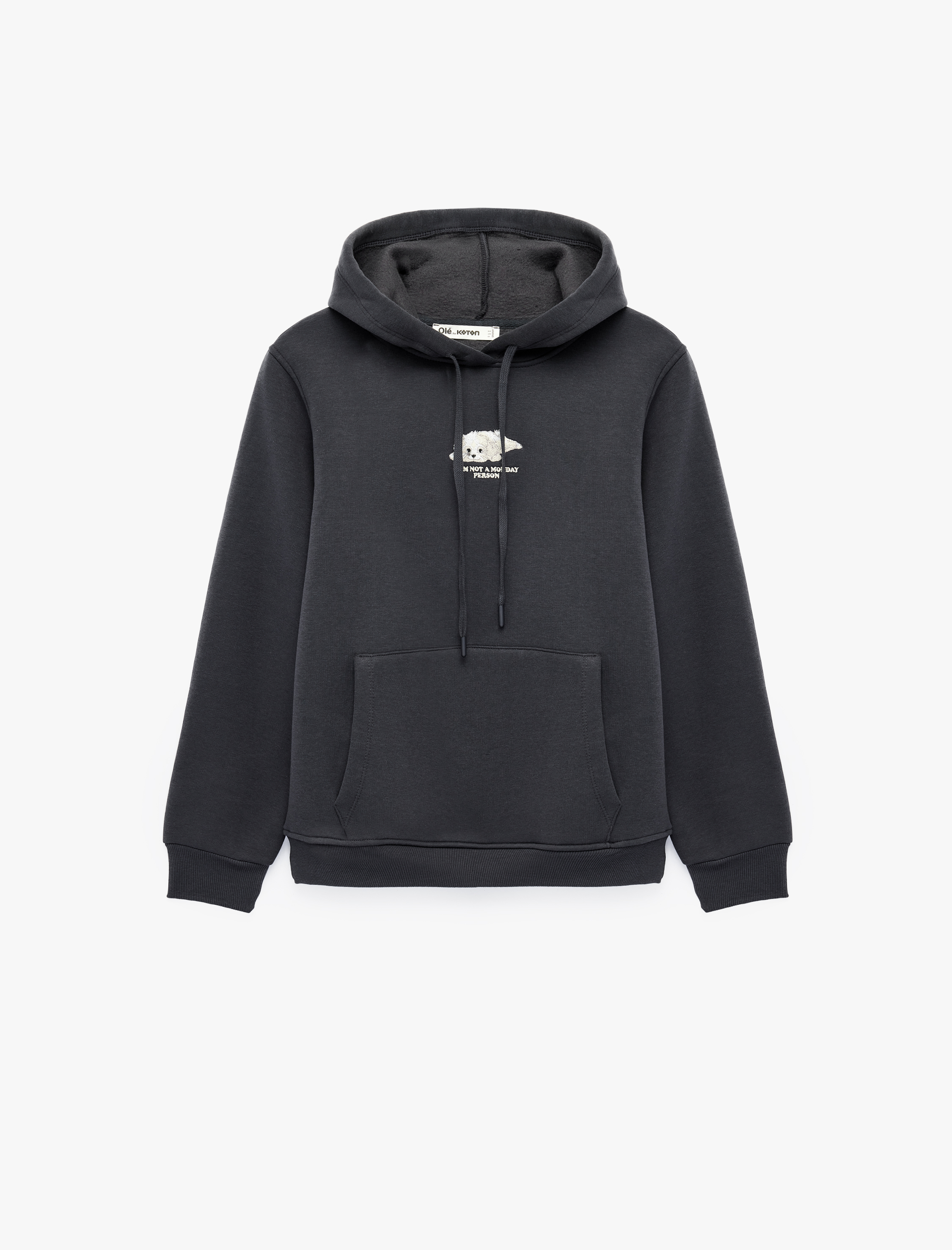   Şardonlu Uzun Kollu Cepli Köpek Nakış Detaylı Kapüşonlu Sweatshirt