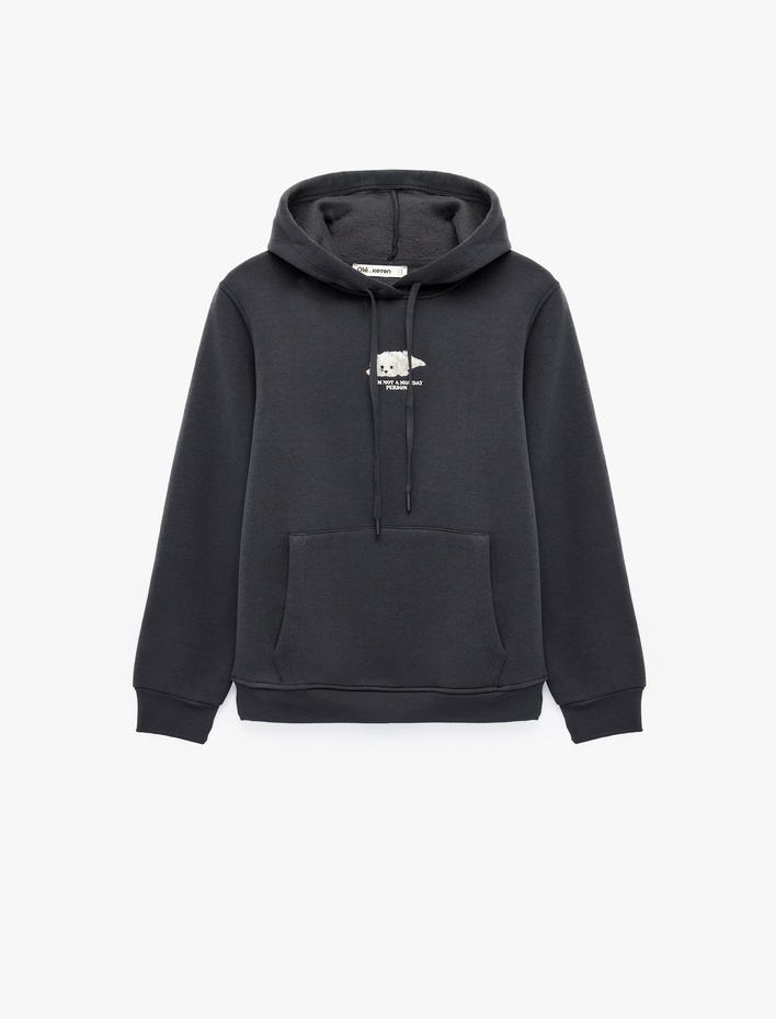  Şardonlu Uzun Kollu Cepli Köpek Nakış Detaylı Kapüşonlu Sweatshirt