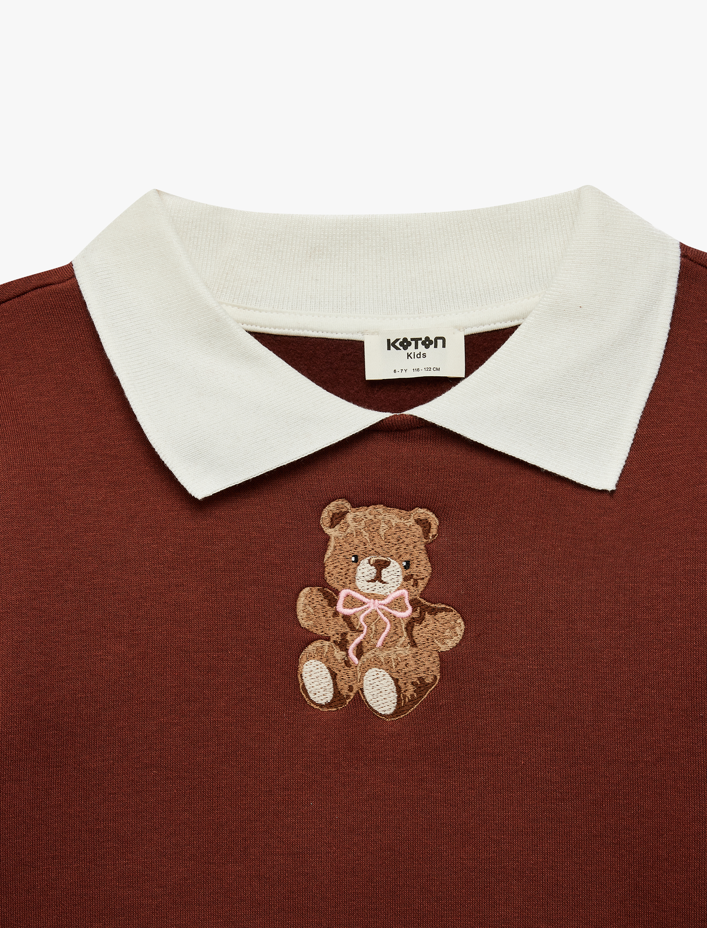  Kız Çocuk Ayıcık Nakışlı Uzun Kollu Şardonlu Polo Yaka Sweatshirt