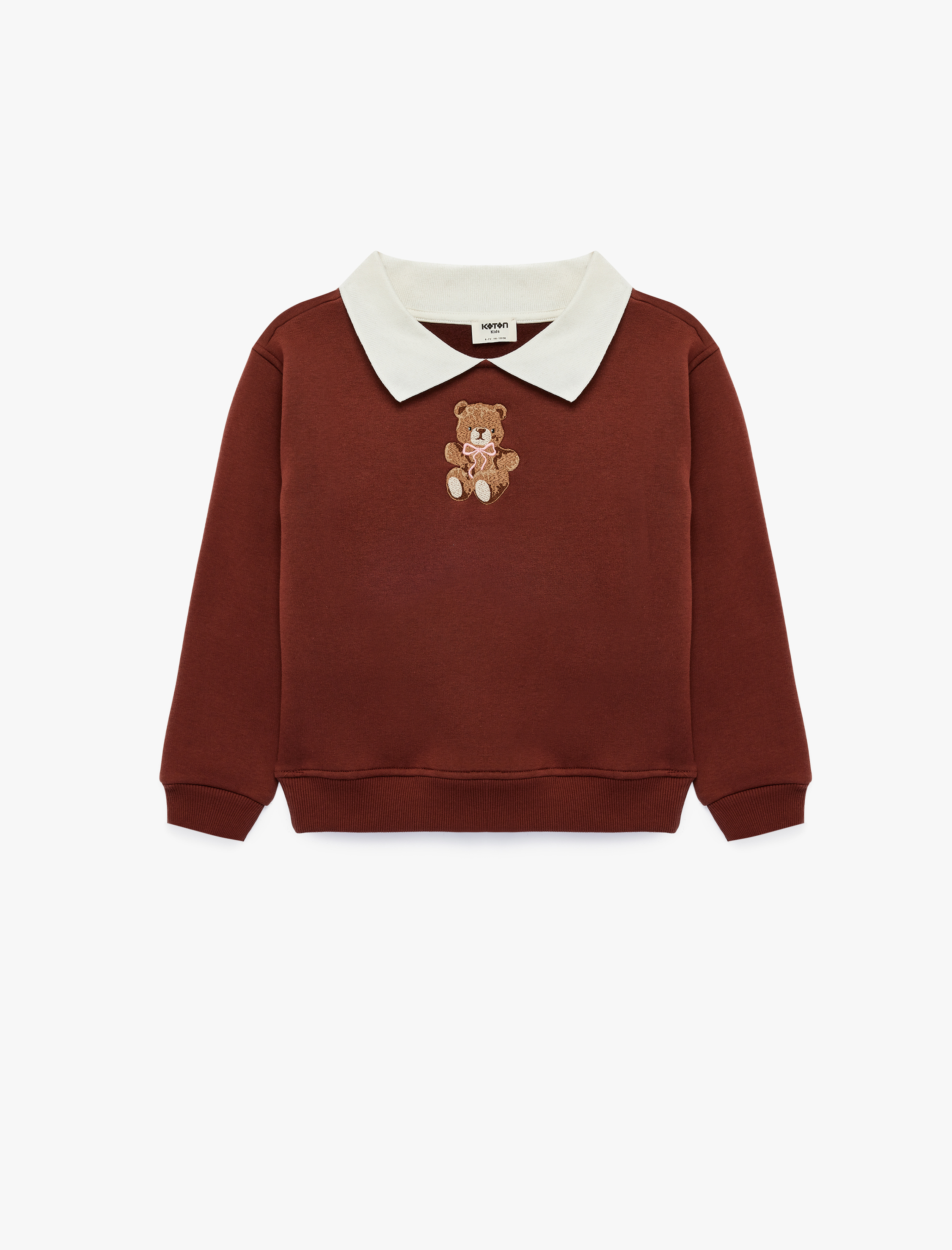  Kız Çocuk Ayıcık Nakışlı Uzun Kollu Şardonlu Polo Yaka Sweatshirt