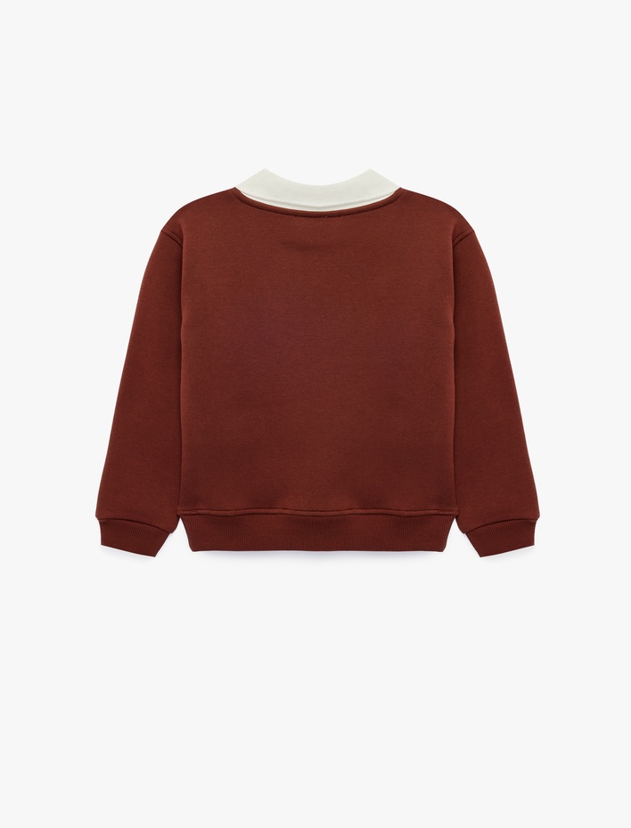 Kız Çocuk Ayıcık Nakışlı Uzun Kollu Şardonlu Polo Yaka Sweatshirt
