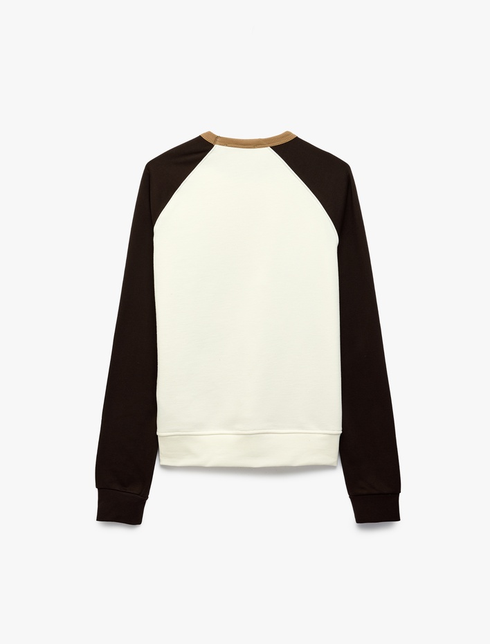  Pamuklu Şardonlu Renk Kontrastlı Bisiklet Yaka Uzun Reglan Kollu Sweatshirt