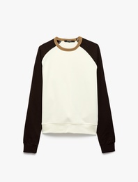 Pamuklu Şardonlu Renk Kontrastlı Bisiklet Yaka Uzun Reglan Kollu Sweatshirt