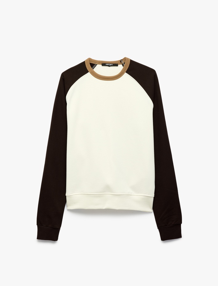  Pamuklu Şardonlu Renk Kontrastlı Bisiklet Yaka Uzun Reglan Kollu Sweatshirt