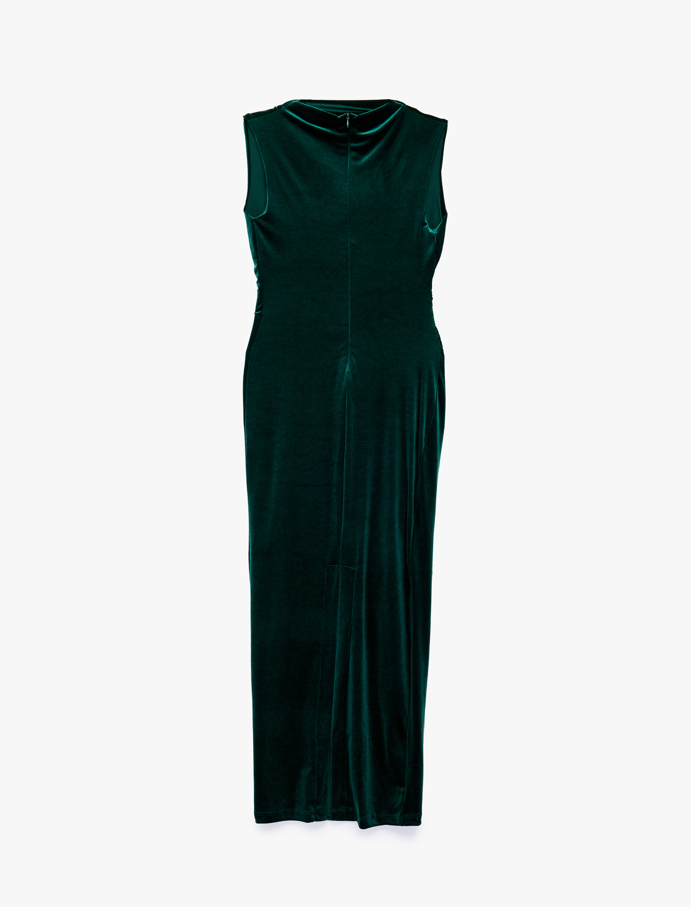 Koton Slim Fit Bodycon Drapeli Hafif Dik Yaka Yırtmaçlı Kolsuz Midi Boy Kadife Elbise görsel 2