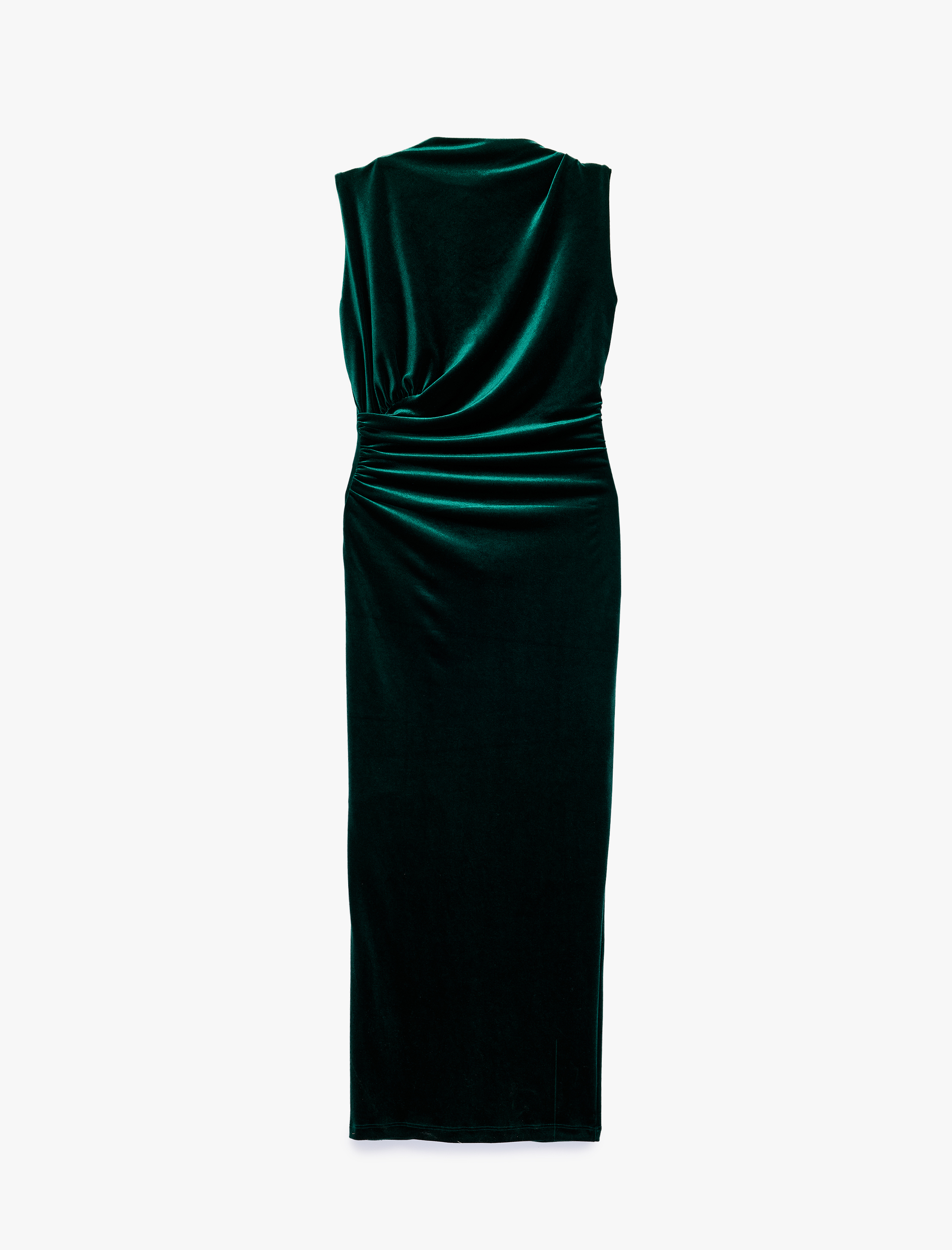 Koton Slim Fit Bodycon Drapeli Hafif Dik Yaka Yırtmaçlı Kolsuz Midi Boy Kadife Elbise
