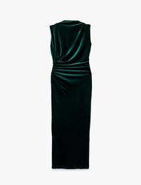 Slim Fit Bodycon Drapeli Hafif Dik Yaka Yırtmaçlı Kolsuz Midi Boy Kadife Elbise
