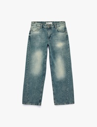 Pamuklu Cepli Düşük Bel Düz Paça Baggy Denim Pantolon - Baggy Jeans