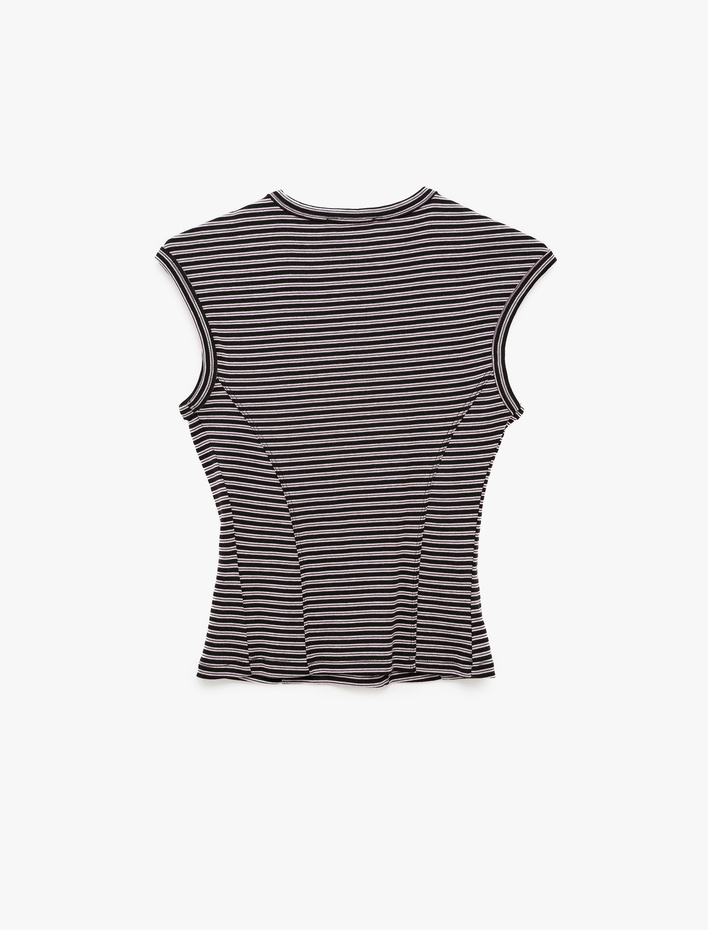  Slim Fit Pamuklu Ribana Bisiklet Yaka Kolsuz Çizgili Tişört