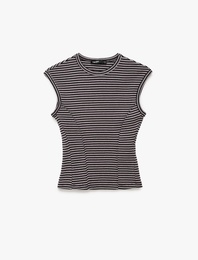 Slim Fit Pamuklu Ribana Bisiklet Yaka Kolsuz Çizgili Tişört
