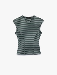 Slim Fit Pamuklu Ribana Bisiklet Yaka Kolsuz Çizgili Tişört