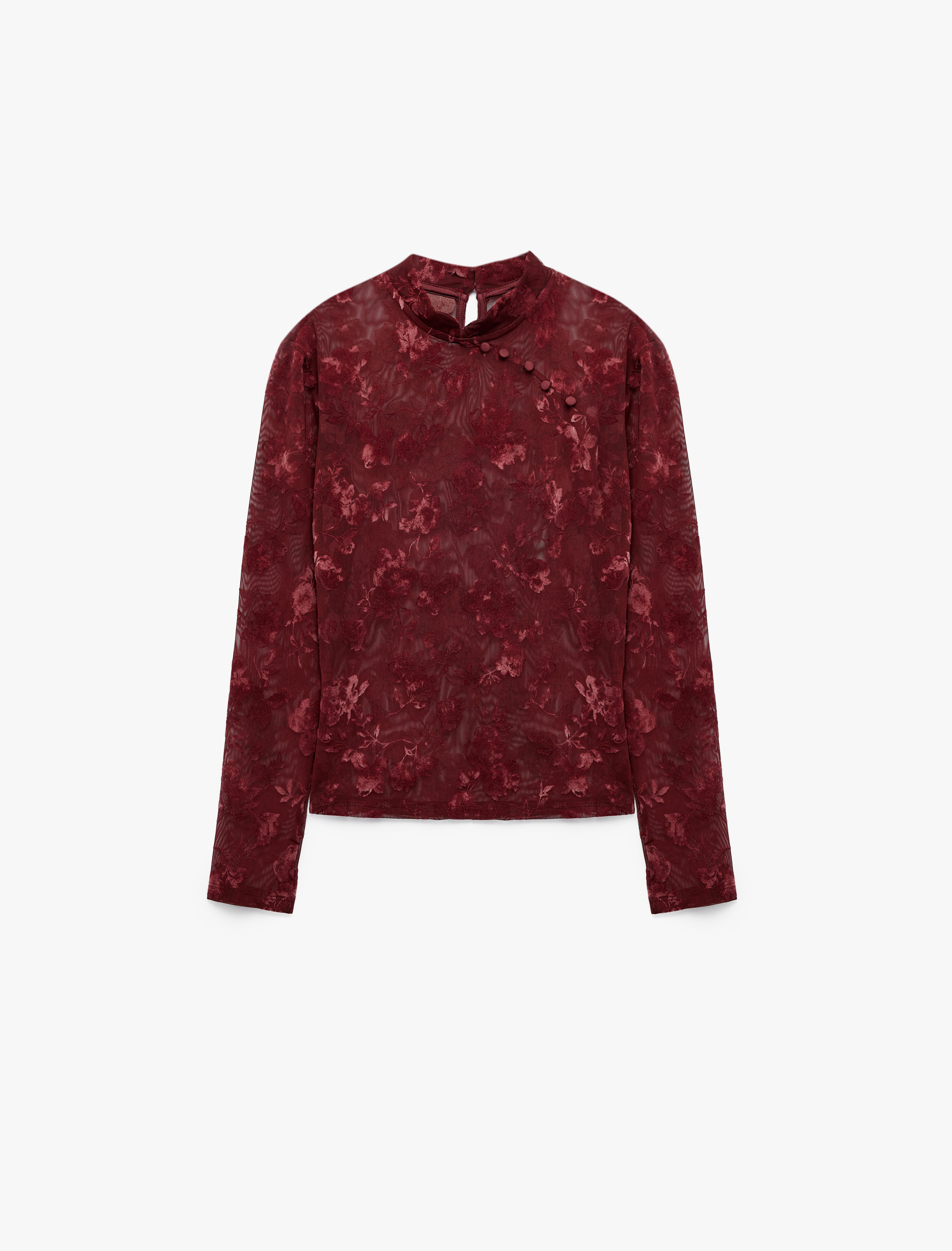Koton Slim Fit Uzun Kollu Transparan Çiçekli Düğmeli Qipao Tül Tişört