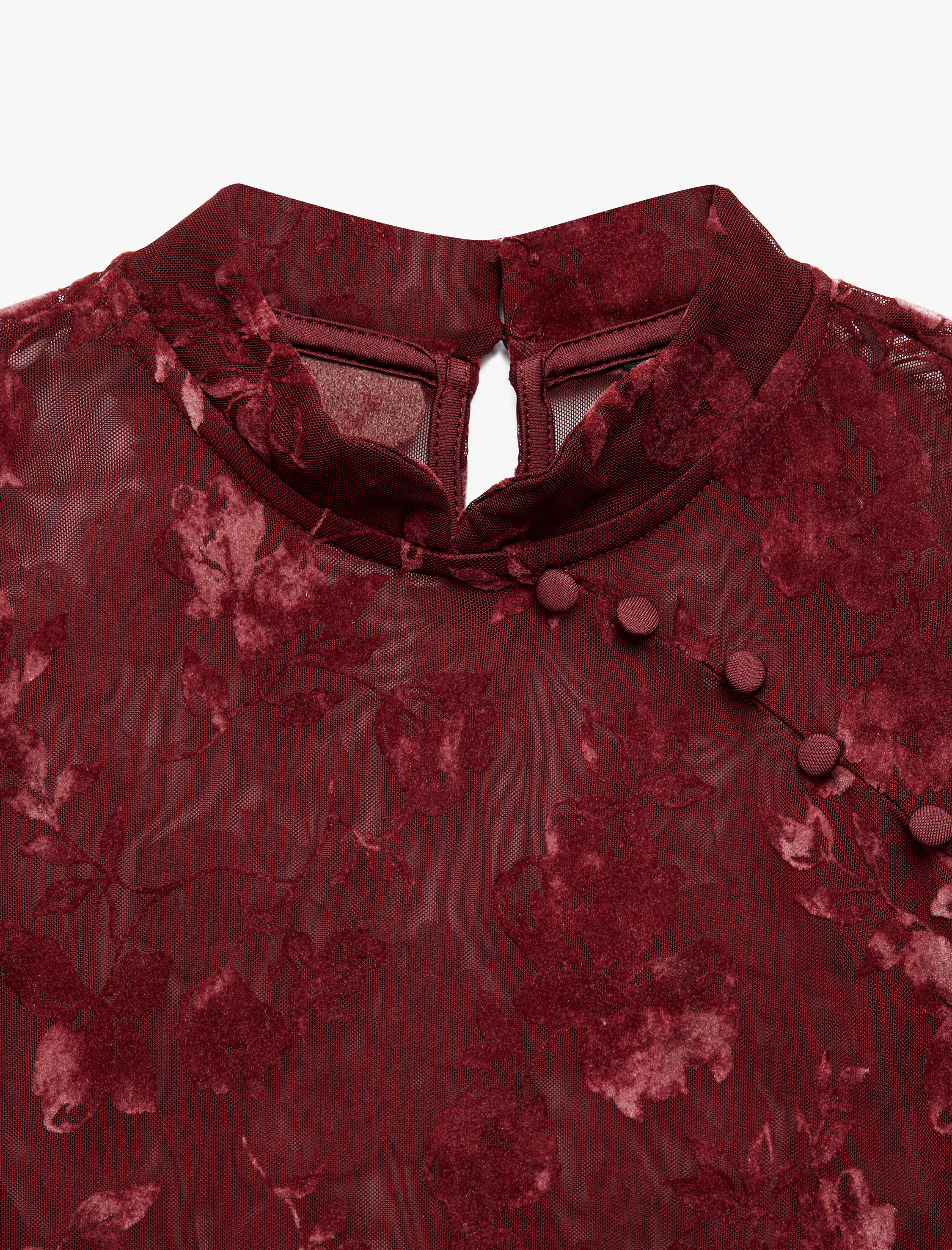 Koton Slim Fit Uzun Kollu Transparan Çiçekli Düğmeli Qipao Tül Tişört görsel 3