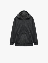 Rahat Kalıp Üç İplik Şardonlu Yıkamalı Fermuarlı Kapşonlu Sweatshirt