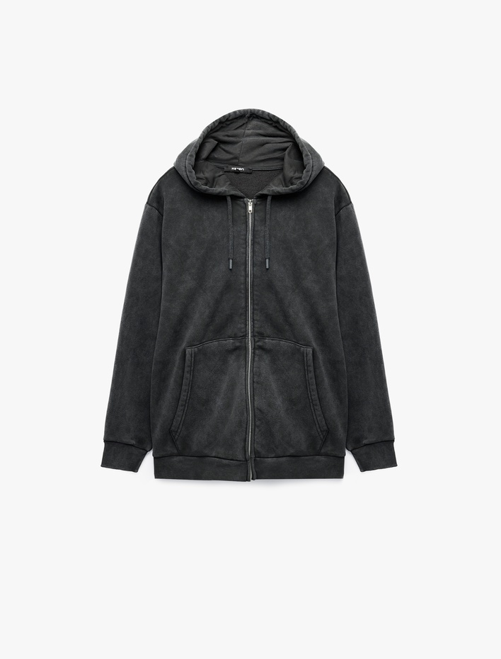  Rahat Kalıp Üç İplik Şardonlu Yıkamalı Fermuarlı Kapşonlu Sweatshirt