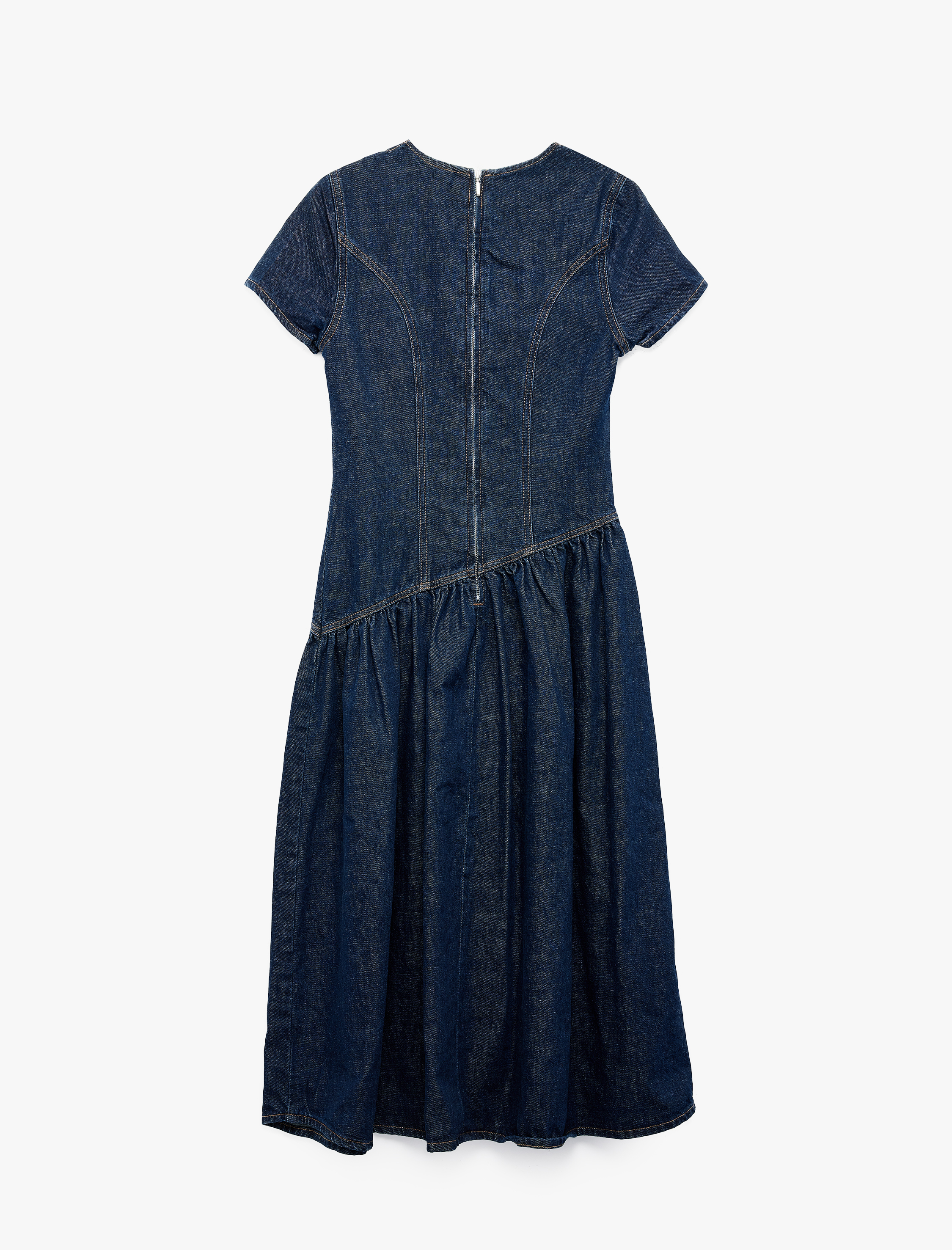   Rahat Kalıp Pamuklu Bisiklet Yaka Kısa Kollu Asimetrik Kesim Midi Denim Elbise