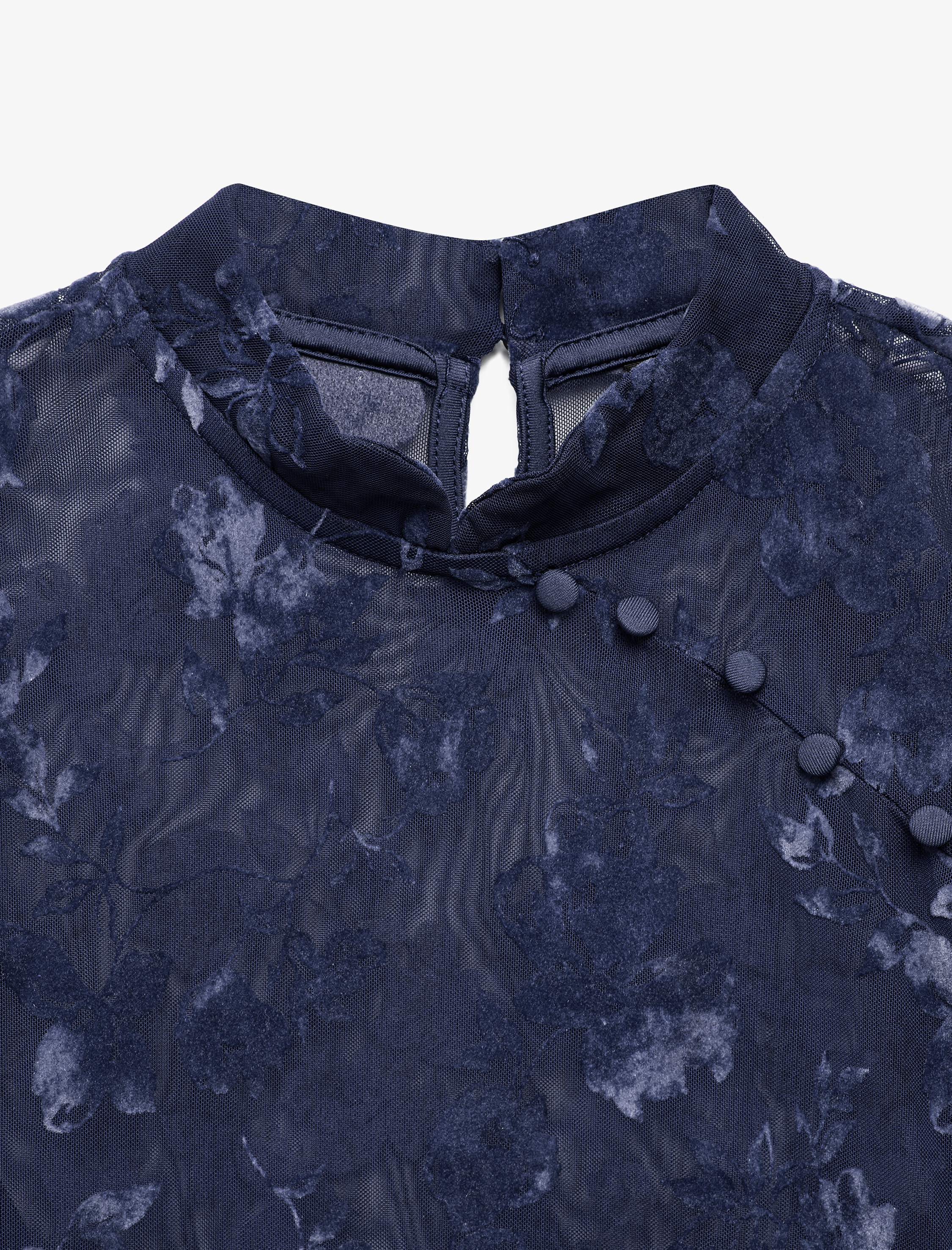   Slim Fit Uzun Kollu Transparan Çiçekli Düğmeli Qipao Tül Tişört