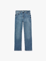 Normal Bel Düz Paça Cepli Pamuklu Denim Pantolon - Slim Straight Fit Jeans
