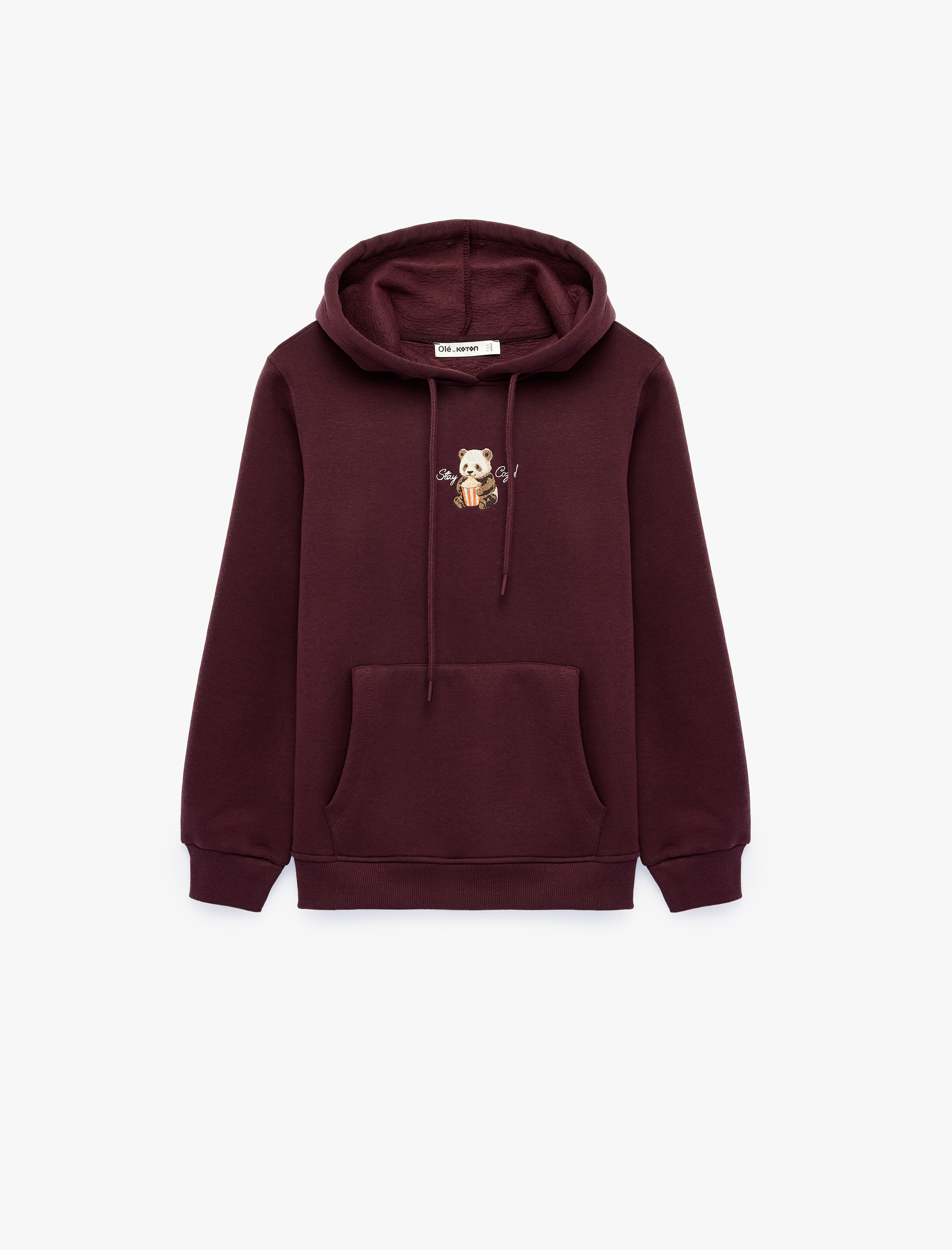   Mürdüm Rengi Kapüşonlu Sweatshirt Üç İplik Şardonlu Ayıcık Nakışlı Kanguru Cepli
