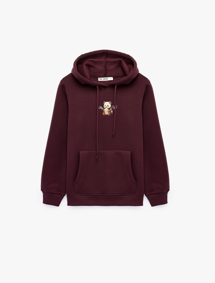 Mürdüm Rengi Kapüşonlu Sweatshirt Üç İplik Şardonlu Ayıcık Nakışlı Kanguru Cepli